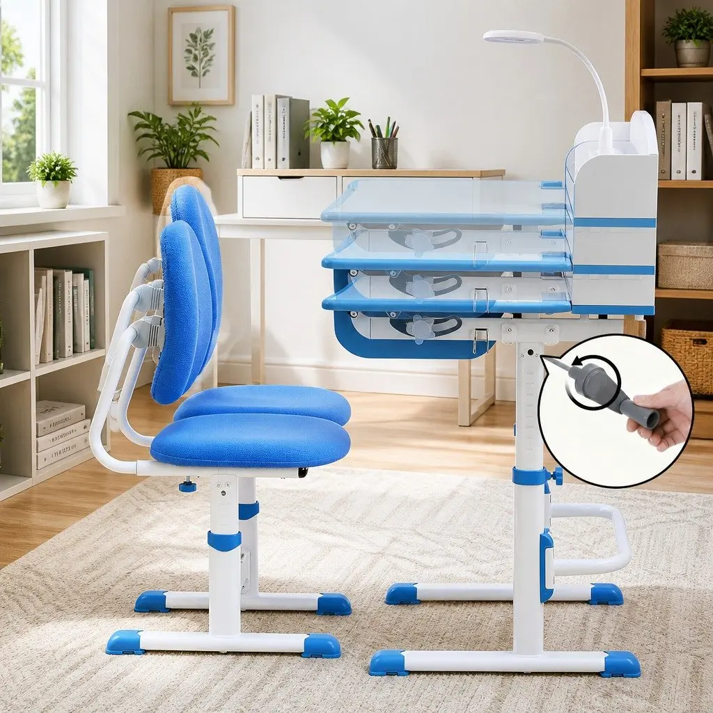 Kids Study Desk Chair Set Blue Height Adjustable Ergonomic with LED Lamp