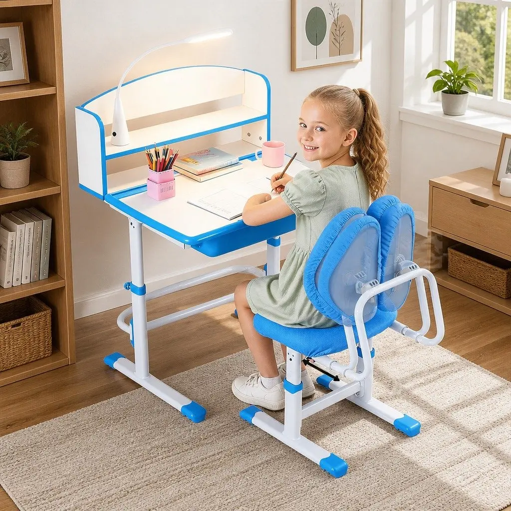 Kids Study Desk Chair Set Blue Height Adjustable Ergonomic with LED Lamp