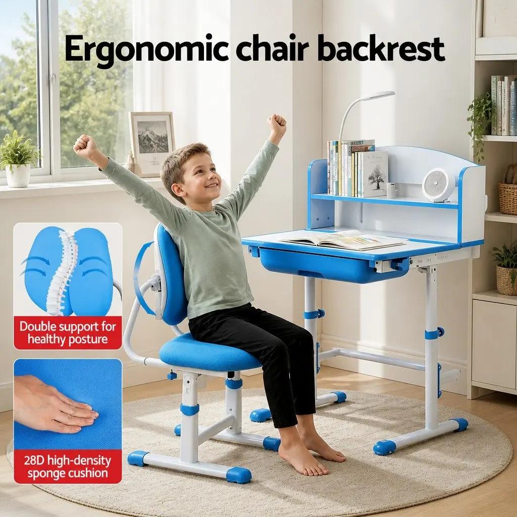 Kids Study Desk Chair Set Blue Height Adjustable Ergonomic with LED Lamp