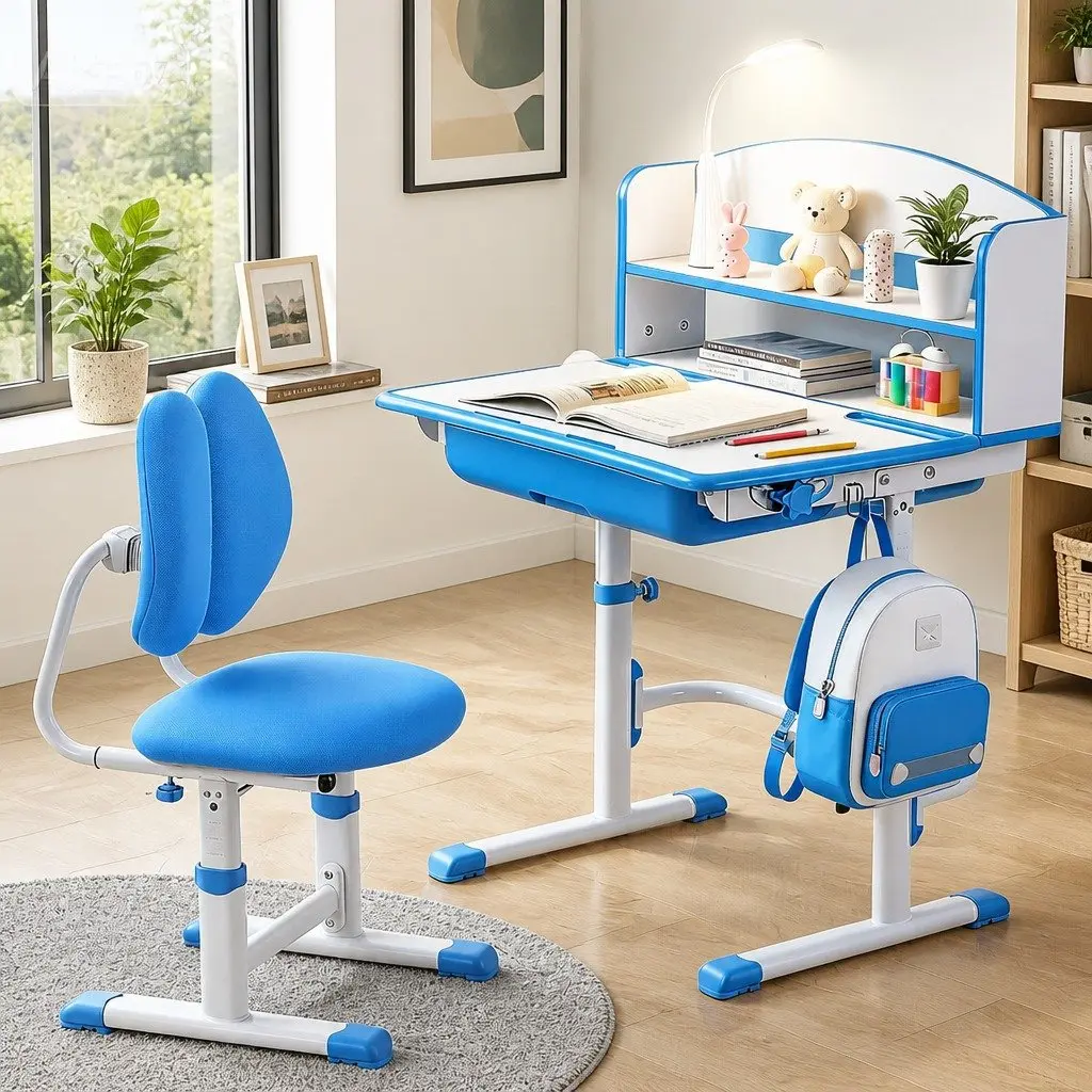 Kids Study Desk Chair Set Blue Height Adjustable Ergonomic with LED Lamp