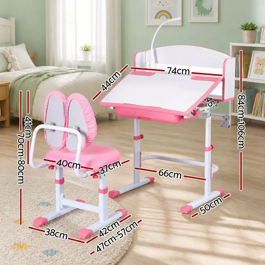 Kids Desk Chair Set Pink Height Adjustable Ergonomic with LED Lamp