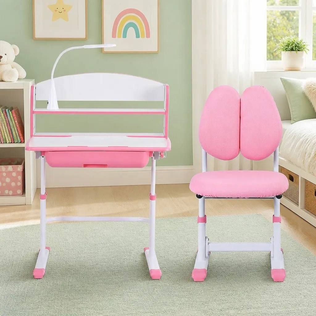 Kids Desk Chair Set Pink Height Adjustable Ergonomic with LED Lamp
