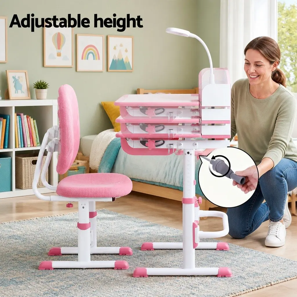 Kids Desk Chair Set Pink Height Adjustable Ergonomic with LED Lamp