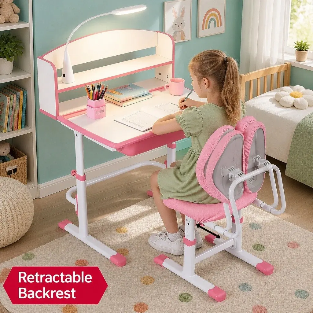 Kids Desk Chair Set Pink Height Adjustable Ergonomic with LED Lamp
