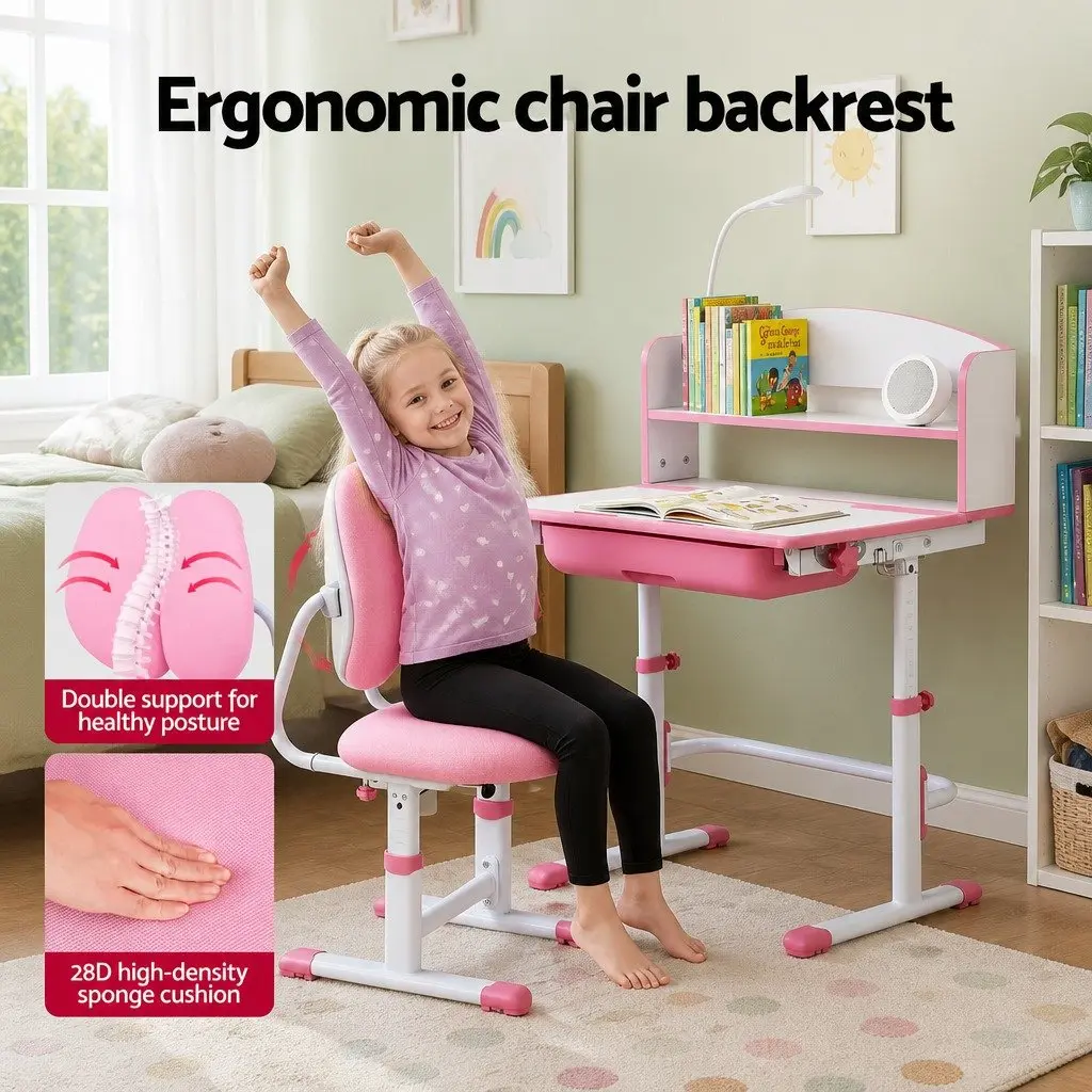 Kids Desk Chair Set Pink Height Adjustable Ergonomic with LED Lamp