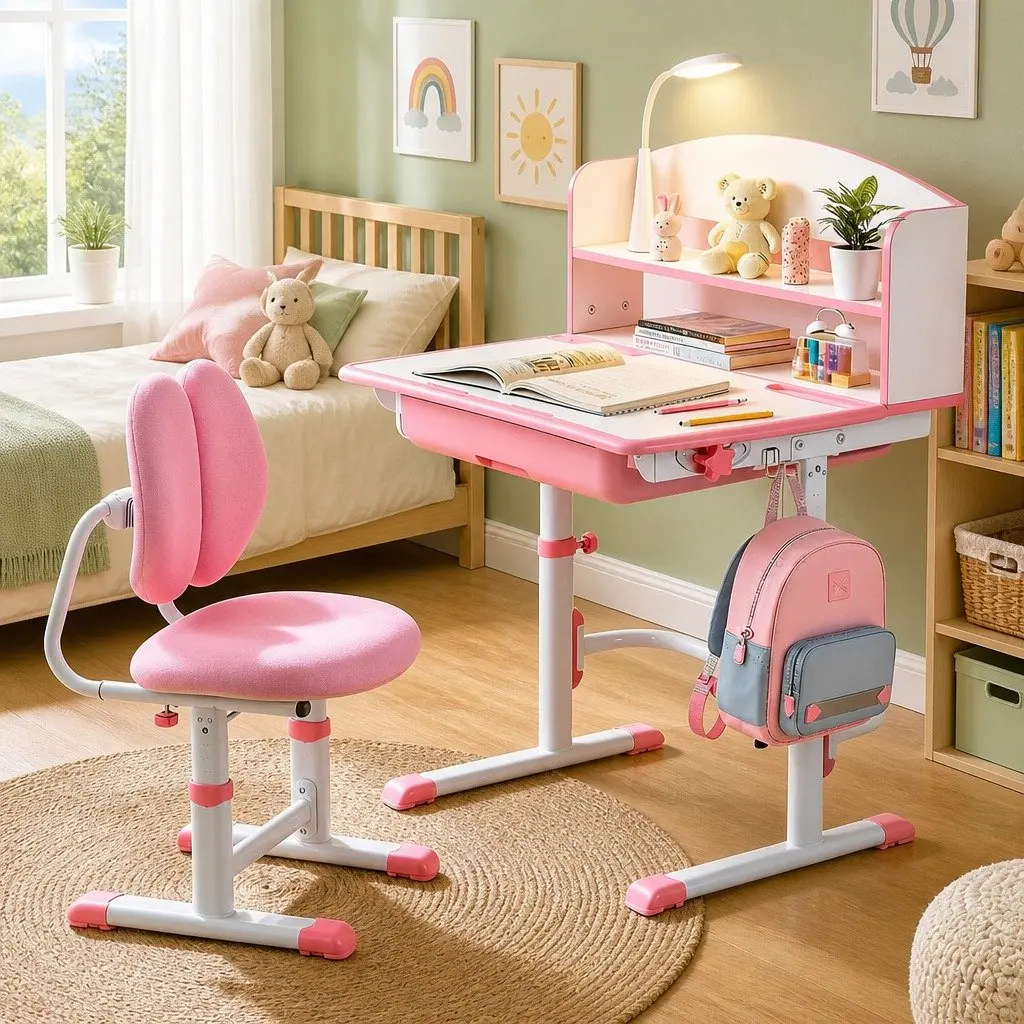 Kids Desk Chair Set Pink Height Adjustable Ergonomic with LED Lamp