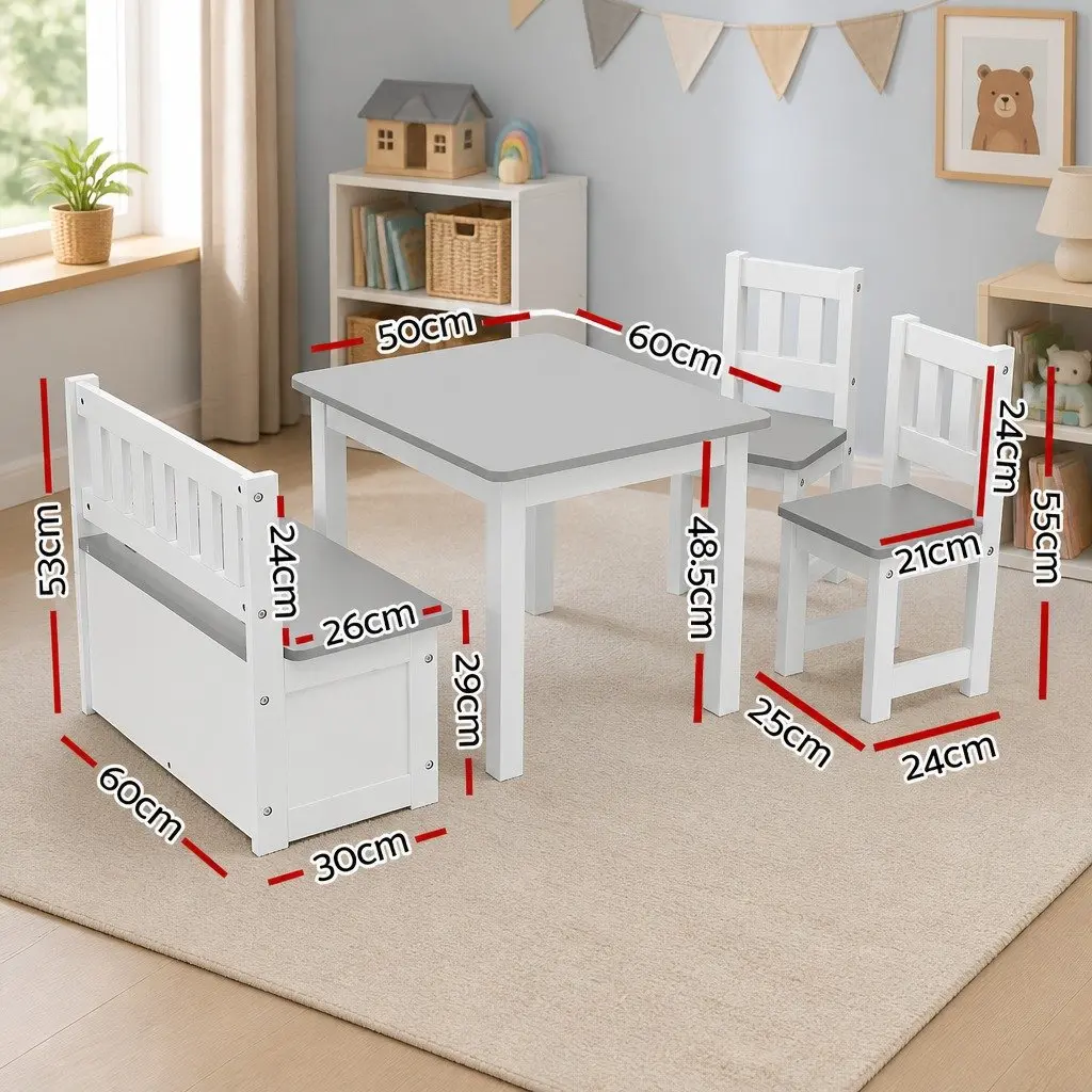 Kids Activity Table and Chair Set Grey 4 Piece with Storage Bench