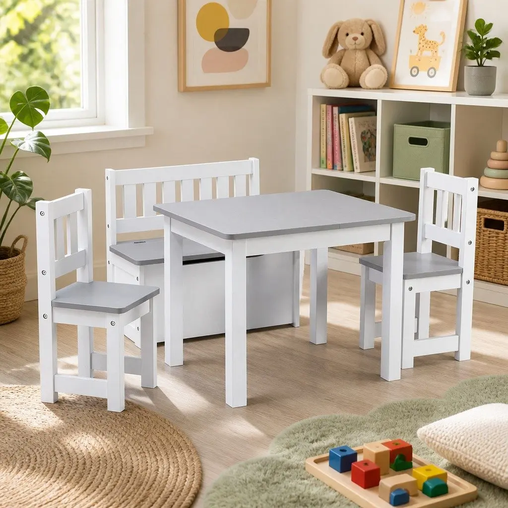 Kids Activity Table and Chair Set Grey 4 Piece with Storage Bench