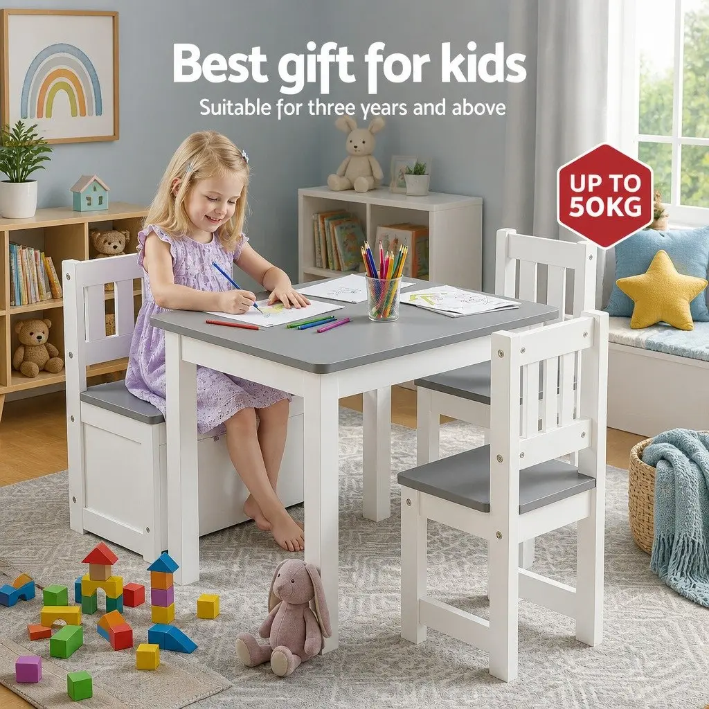 Kids Activity Table and Chair Set Grey 4 Piece with Storage Bench