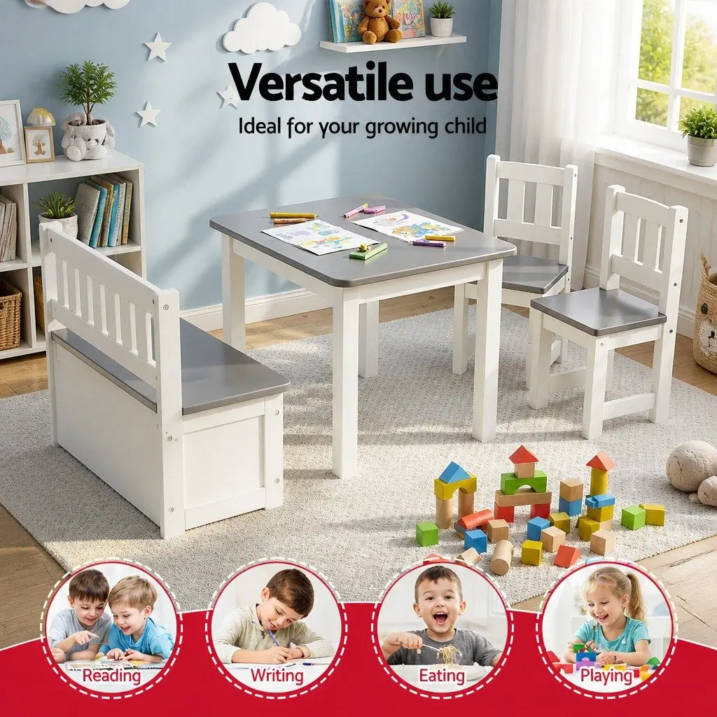 Kids Activity Table and Chair Set Grey 4 Piece with Storage Bench