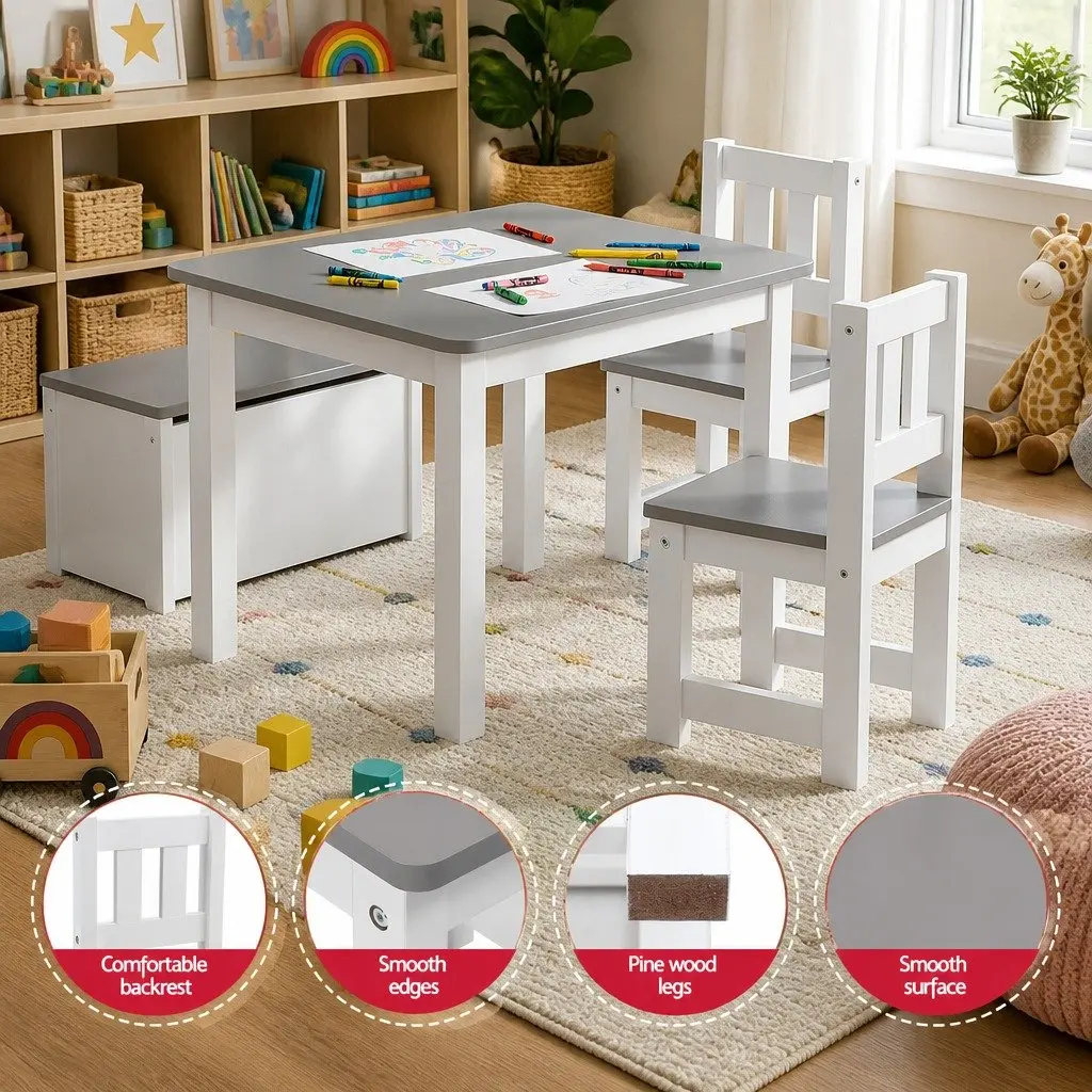 Kids Activity Table and Chair Set Grey 4 Piece with Storage Bench