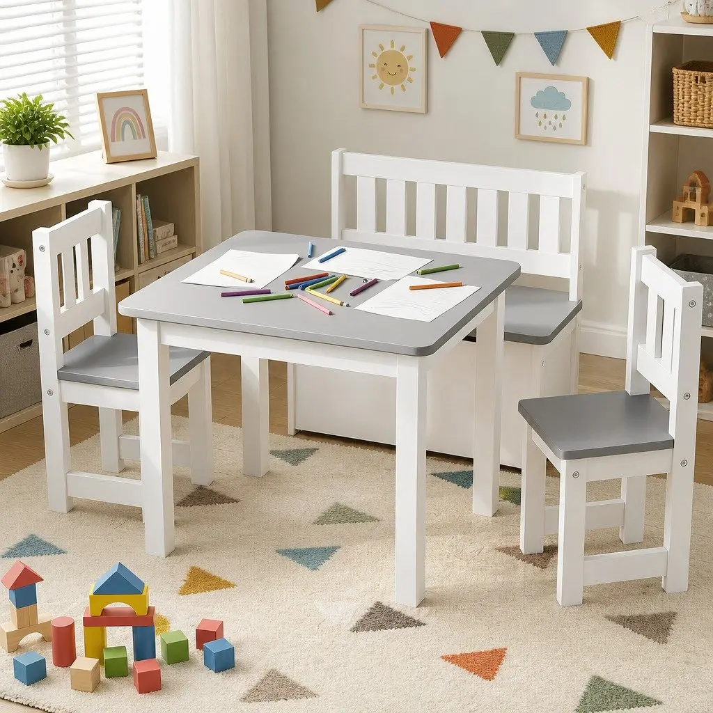 Kids Activity Table and Chair Set Grey 4 Piece with Storage Bench