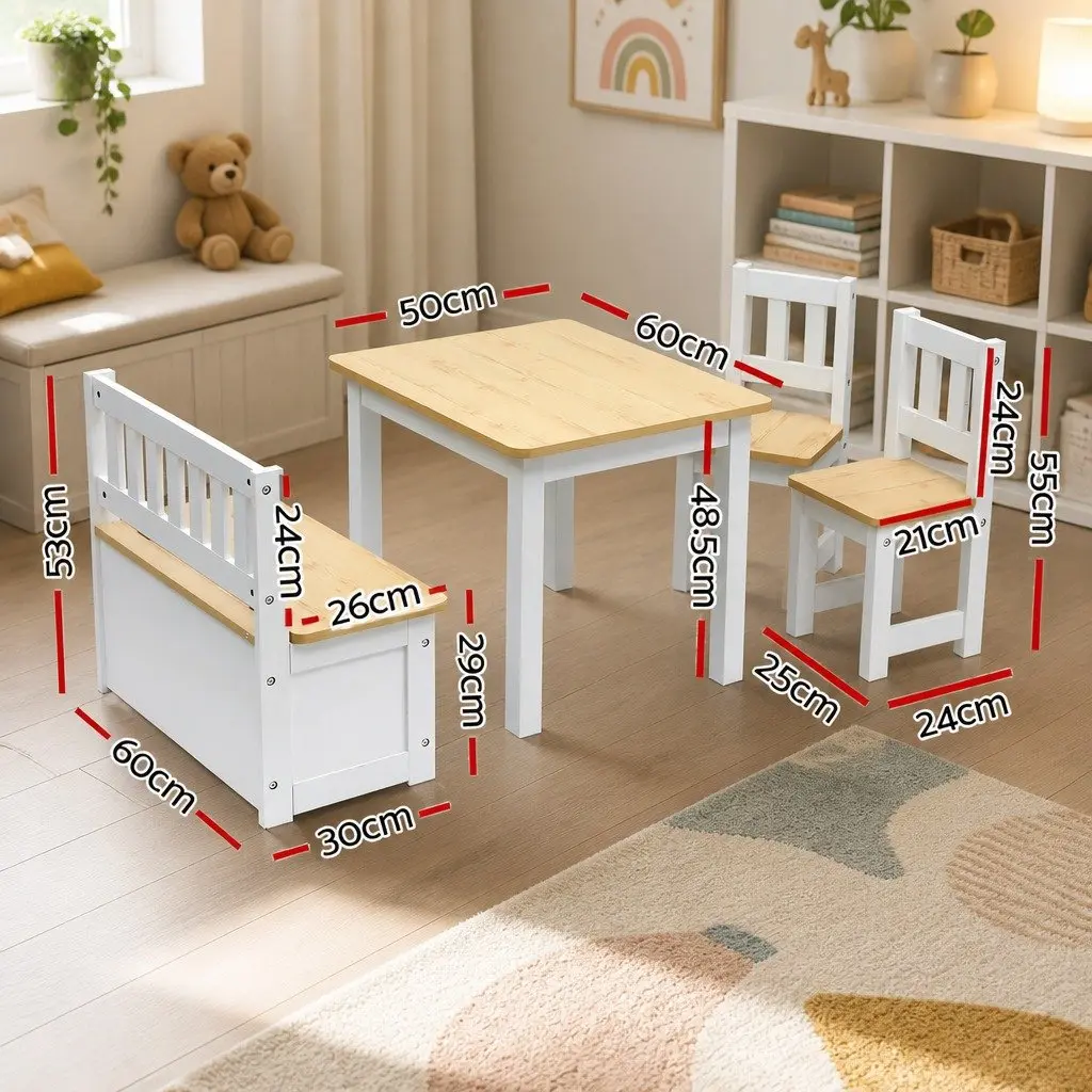 Kids Activity Table and Chair Set White and Natural Teakwood 4-Piece with Storage Bench