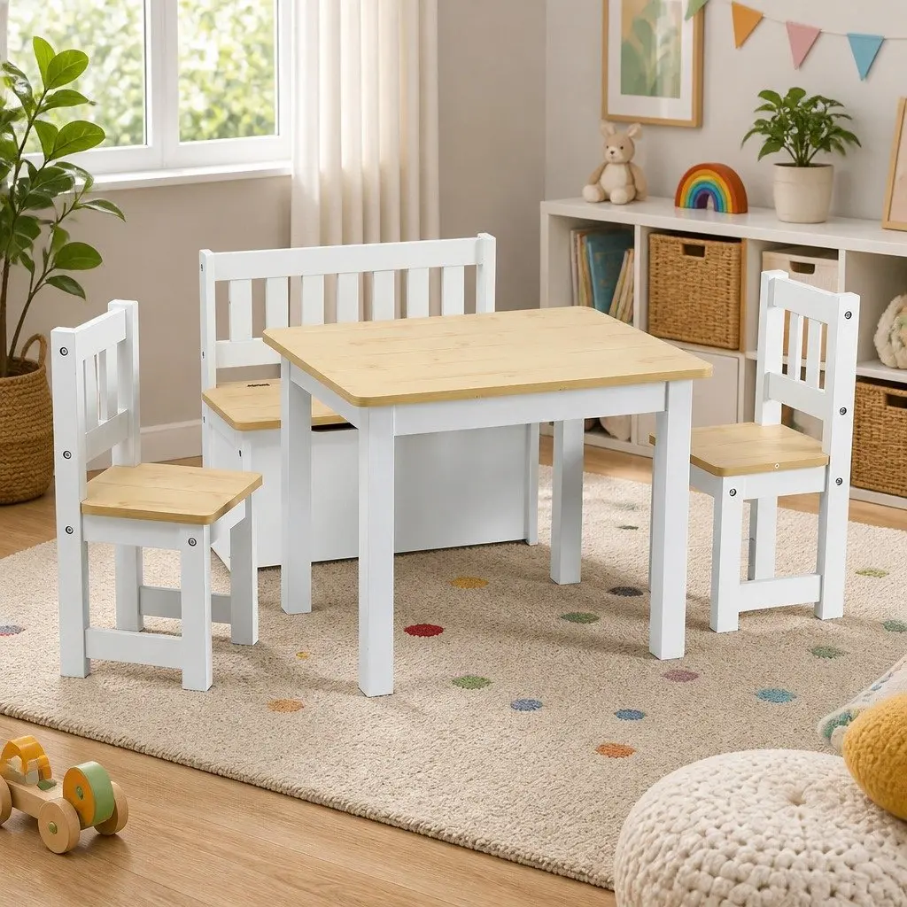 Kids Activity Table and Chair Set White and Natural Teakwood 4-Piece with Storage Bench
