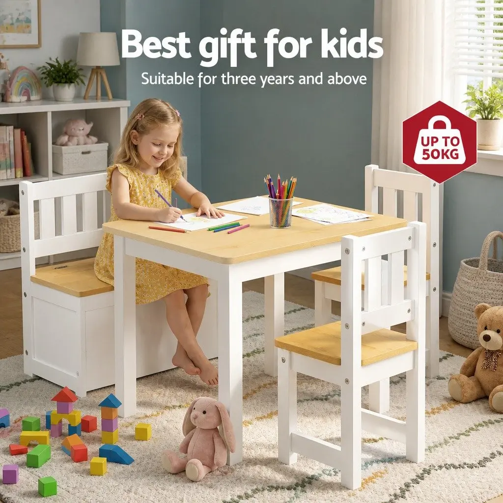 Kids Activity Table and Chair Set White and Natural Teakwood 4-Piece with Storage Bench