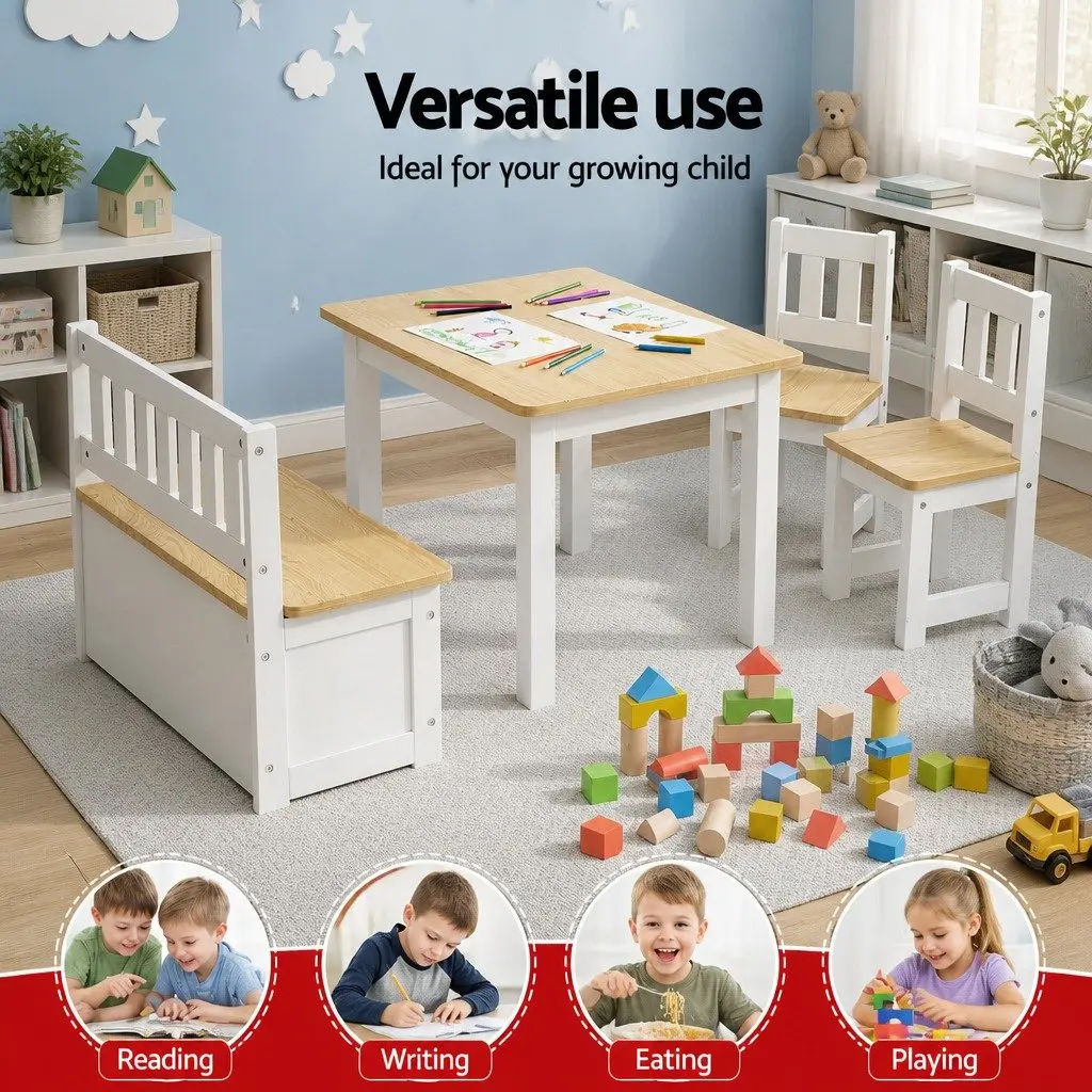 Kids Activity Table and Chair Set White and Natural Teakwood 4-Piece with Storage Bench