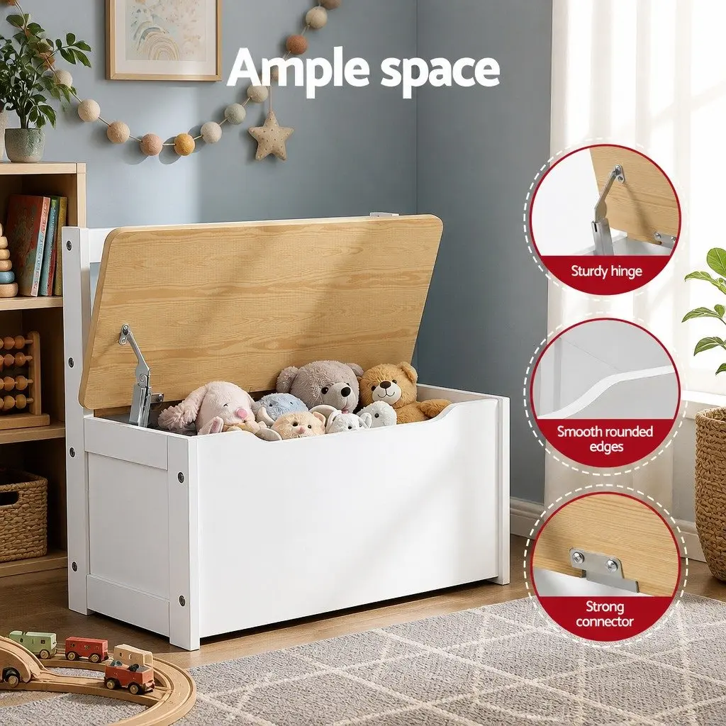 Kids Activity Table and Chair Set White and Natural Teakwood 4-Piece with Storage Bench