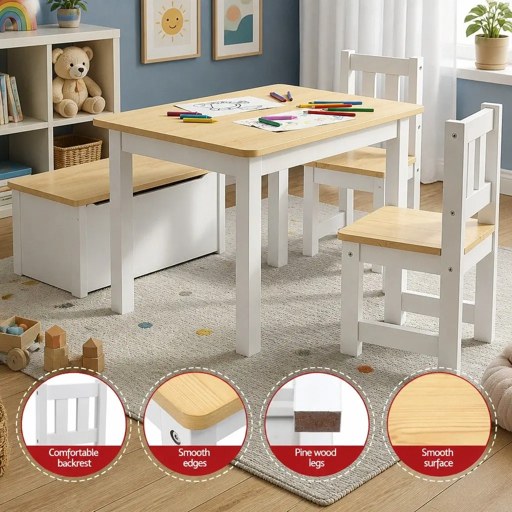 Kids Activity Table and Chair Set White and Natural Teakwood 4-Piece with Storage Bench