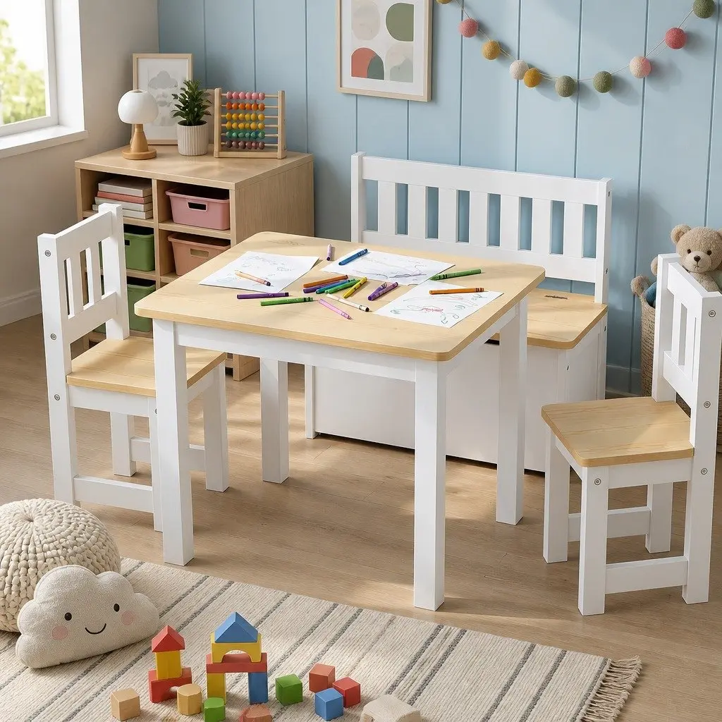 Kids Activity Table and Chair Set White and Natural Teakwood 4-Piece with Storage Bench