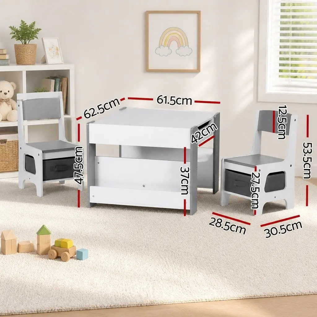 Kids Table and Chair Set Grey 4 in 1 Reversible Tabletop with Blackboard and Whiteboard