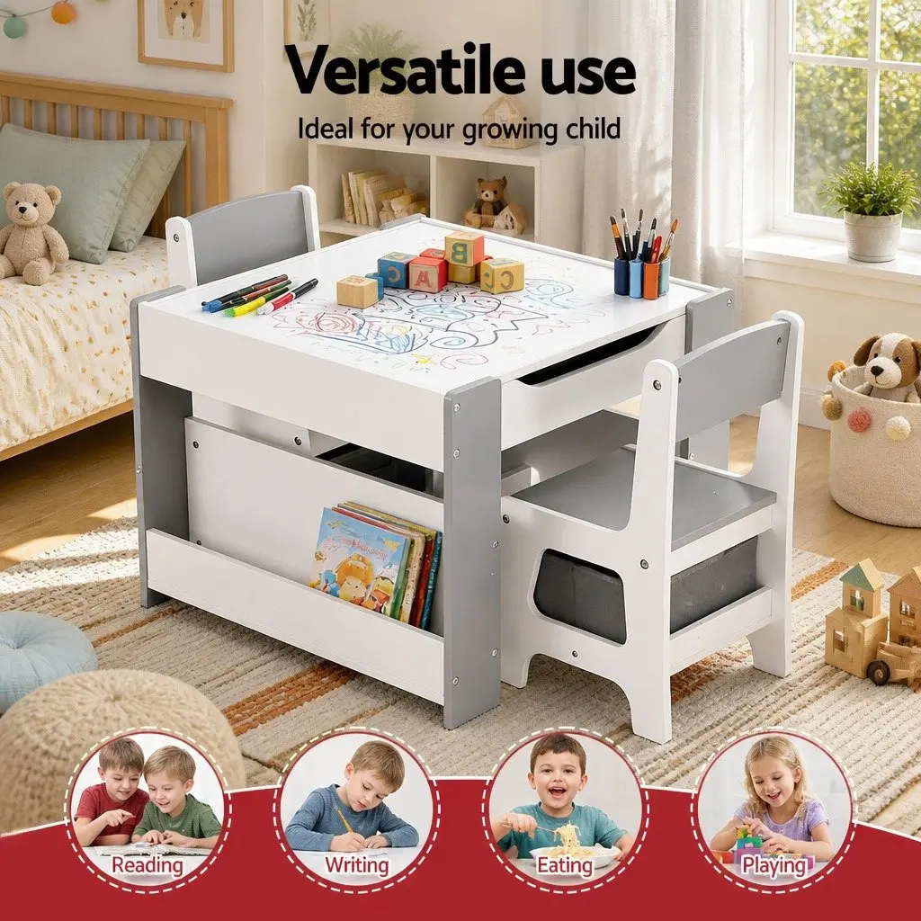 Kids Table and Chair Set Grey 4 in 1 Reversible Tabletop with Blackboard and Whiteboard