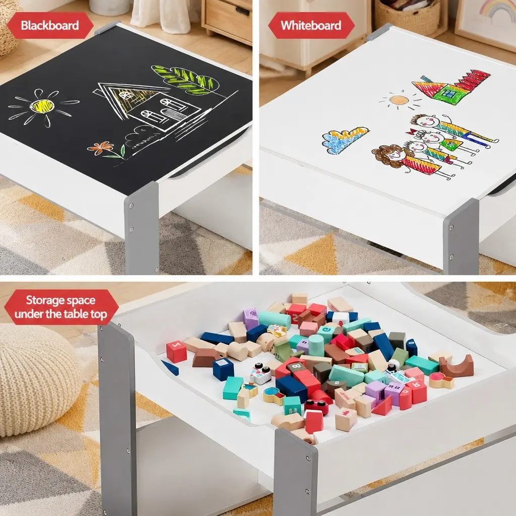 Kids Table and Chair Set Grey 4 in 1 Reversible Tabletop with Blackboard and Whiteboard