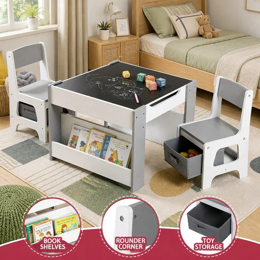 Kids Table and Chair Set Grey 4 in 1 Reversible Tabletop with Blackboard and Whiteboard