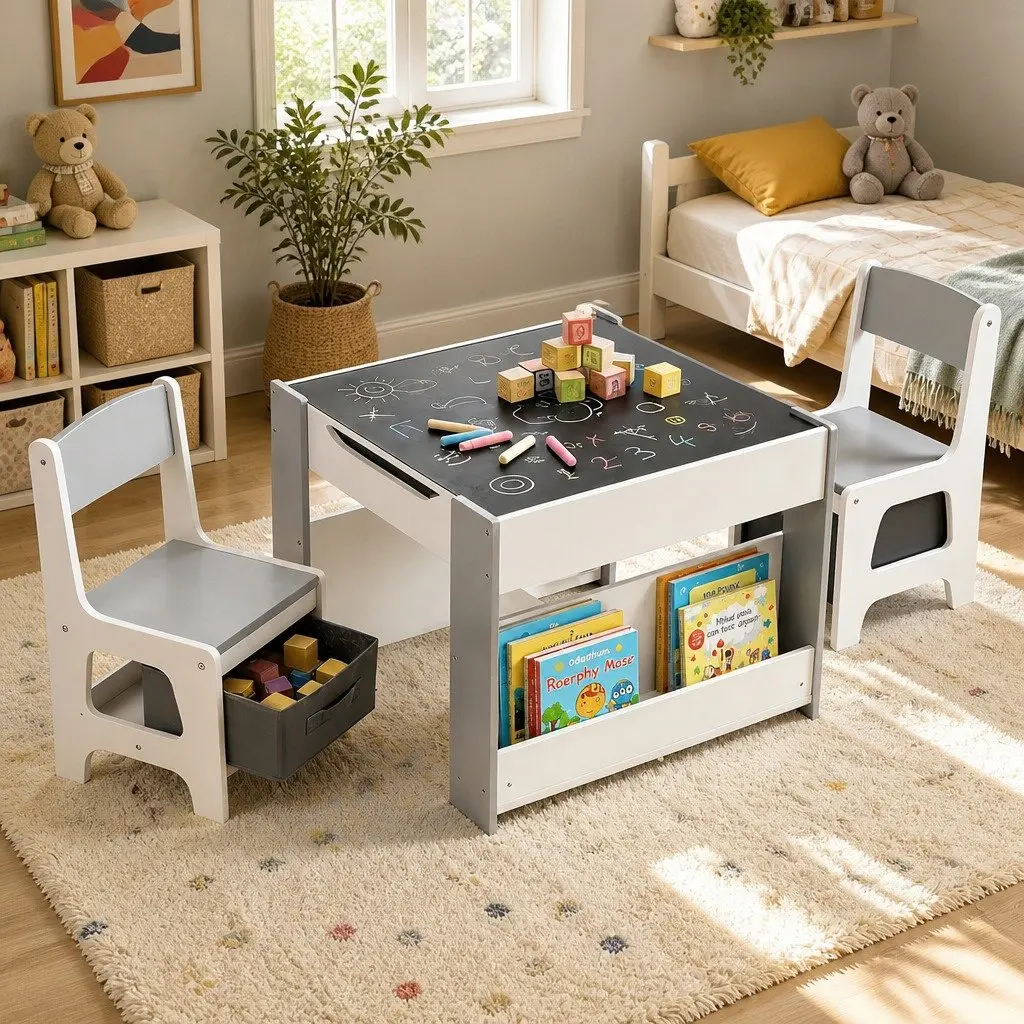Kids Table and Chair Set Grey 4 in 1 Reversible Tabletop with Blackboard and Whiteboard