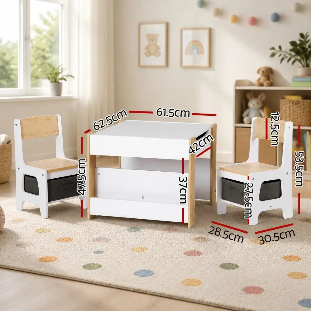 Kids Table and Chair Set White Natural 4 in 1 Reversible Tabletop with Blackboard Whiteboard