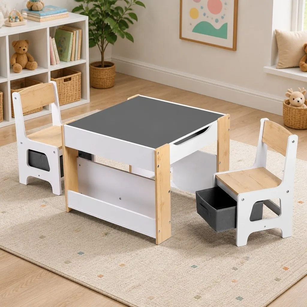 Kids Table and Chair Set White Natural 4 in 1 Reversible Tabletop with Blackboard Whiteboard