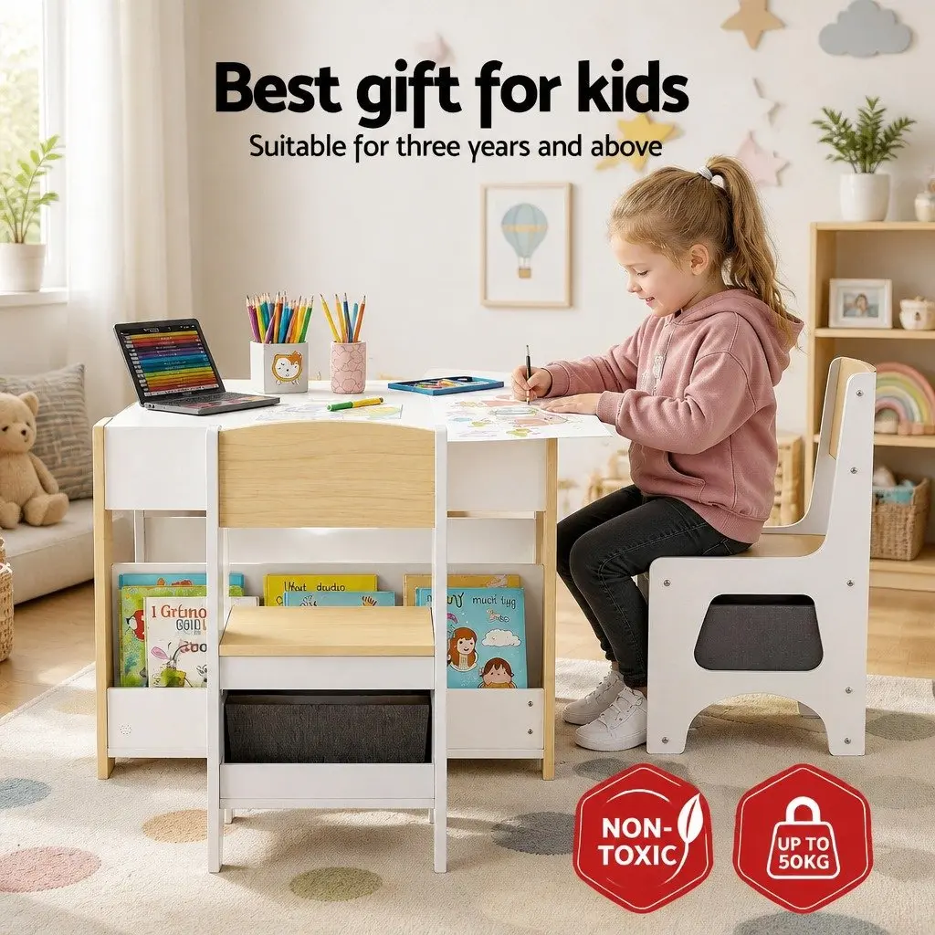 Kids Table and Chair Set White Natural 4 in 1 Reversible Tabletop with Blackboard Whiteboard