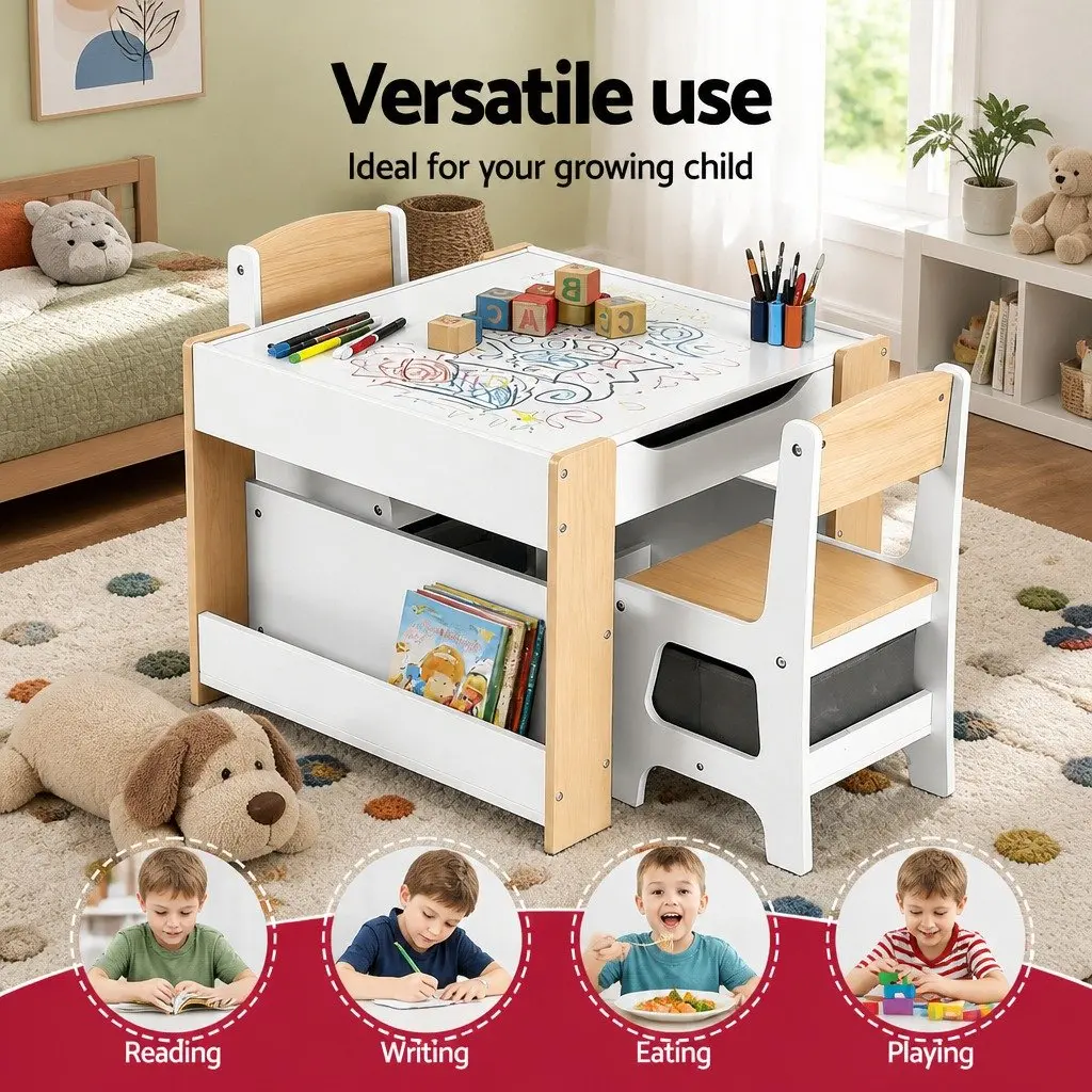 Kids Table and Chair Set White Natural 4 in 1 Reversible Tabletop with Blackboard Whiteboard