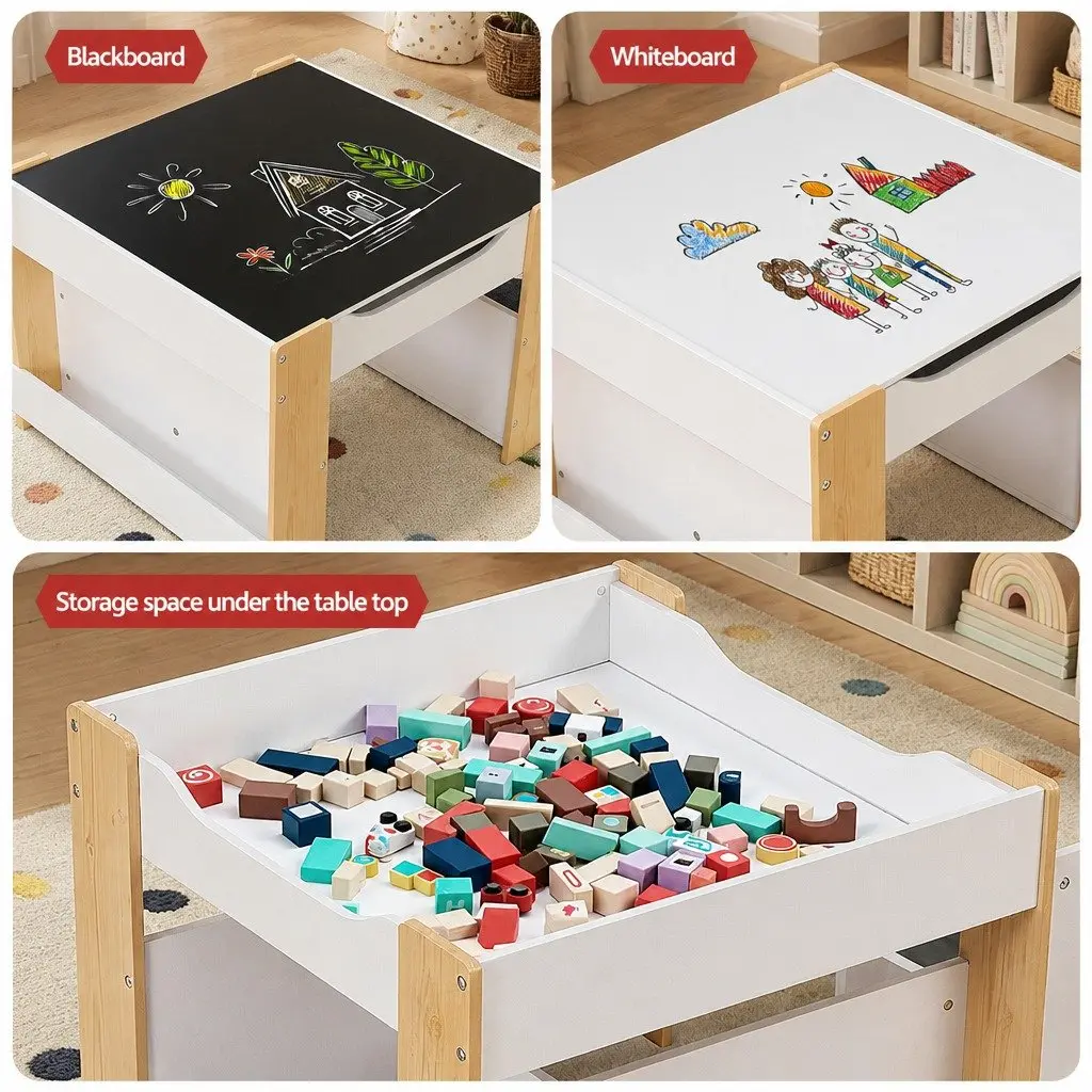 Kids Table and Chair Set White Natural 4 in 1 Reversible Tabletop with Blackboard Whiteboard