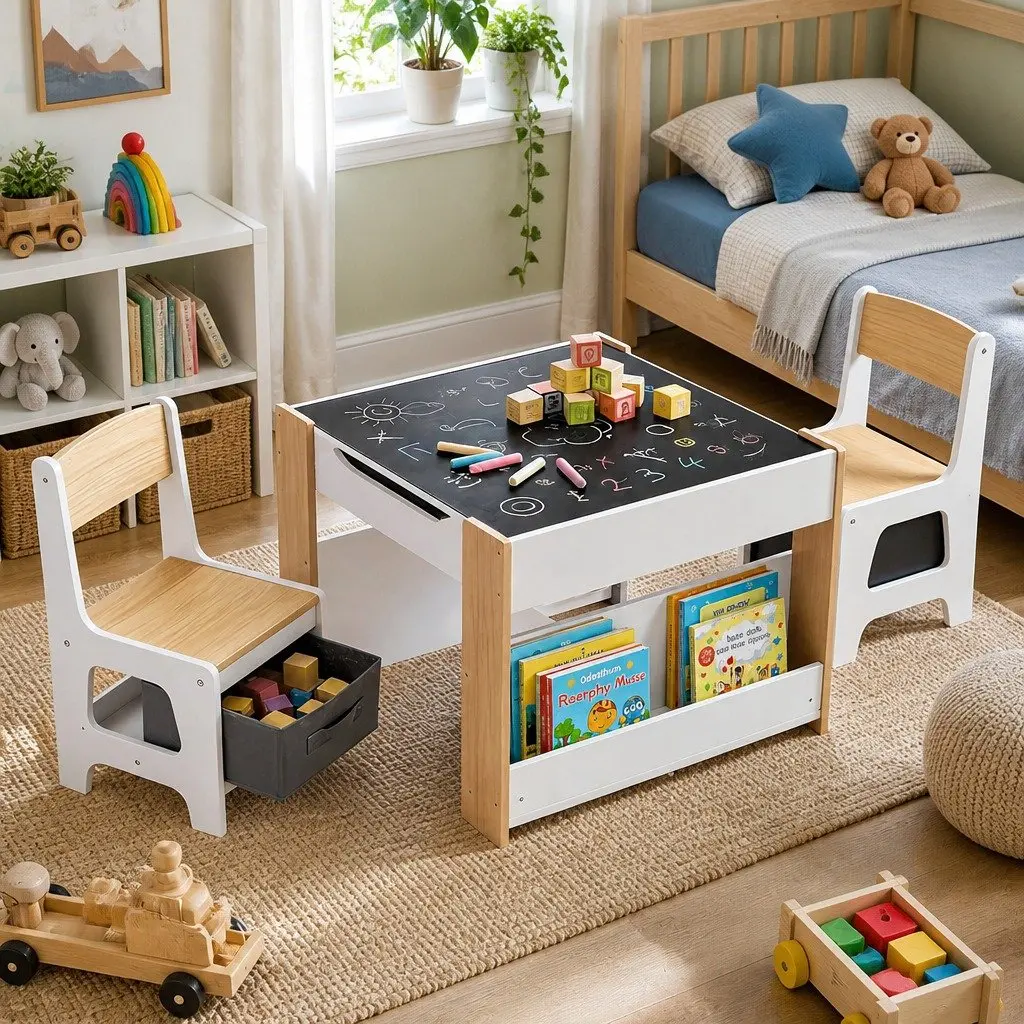 Kids Table and Chair Set White Natural 4 in 1 Reversible Tabletop with Blackboard Whiteboard