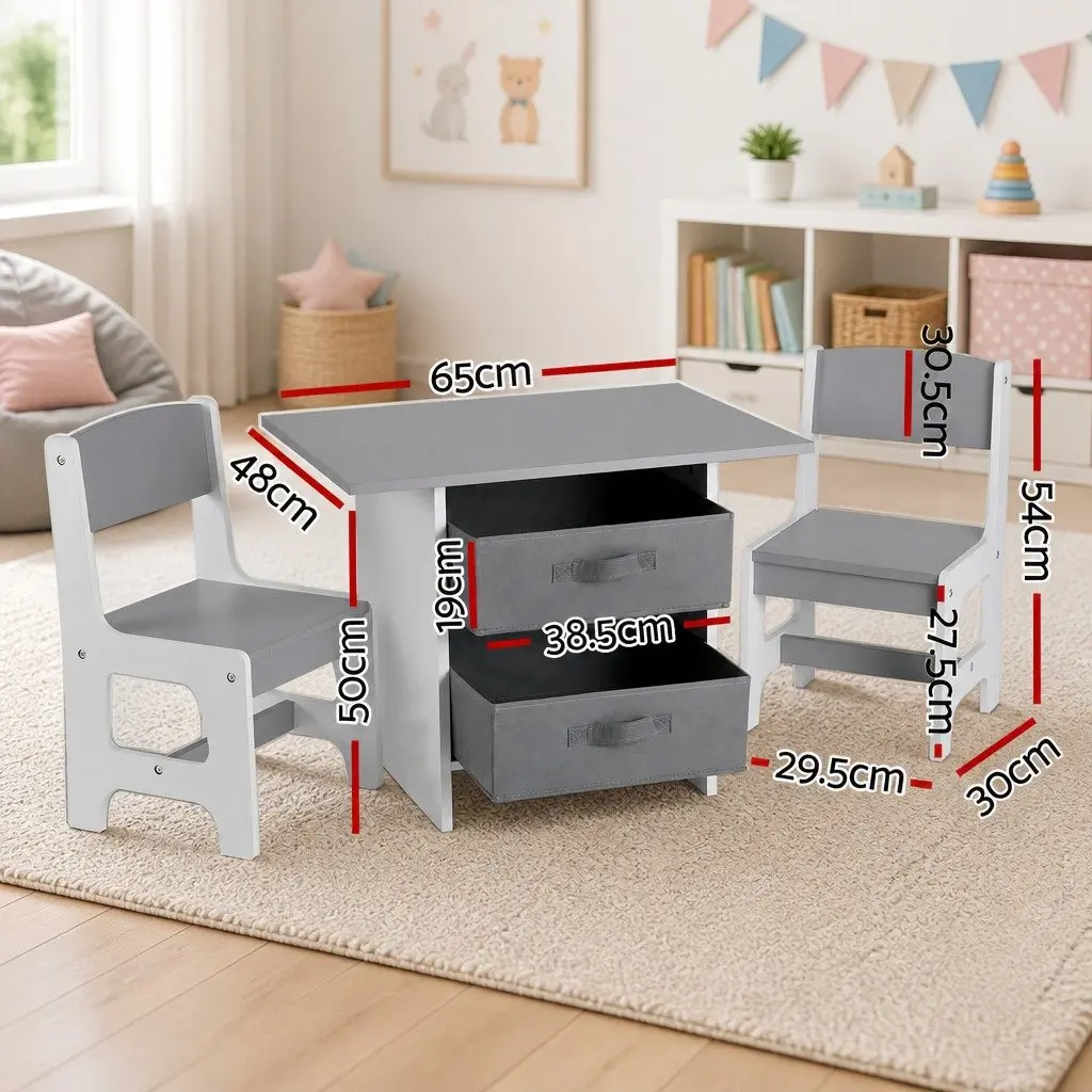 Kids Table and 2 Chairs Set Grey MDF Activity Desk with Storage Drawers for Study Play Drawing Reading