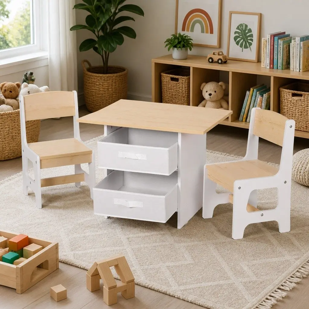 Kids Table and Chairs Set White Natural 3 Years and Above Sturdy Construction with Storage Drawers