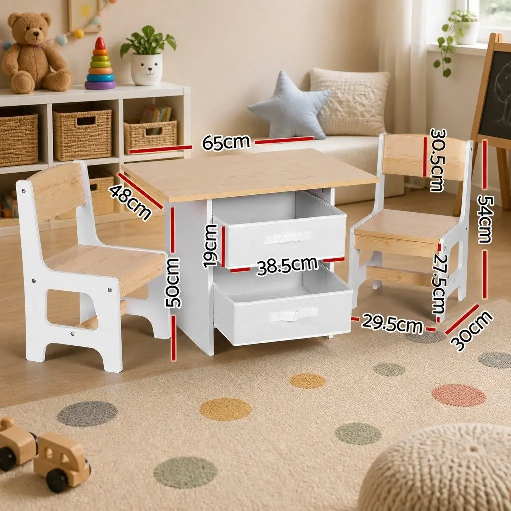 Kids Table and Chairs Set White Natural 3 Years and Above Sturdy Construction with Storage Drawers