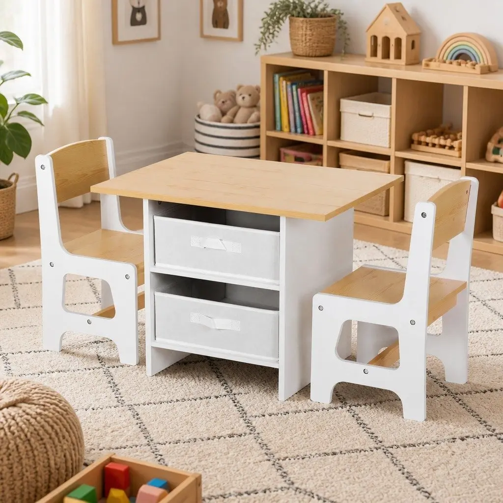Kids Table and Chairs Set White Natural 3 Years and Above Sturdy Construction with Storage Drawers