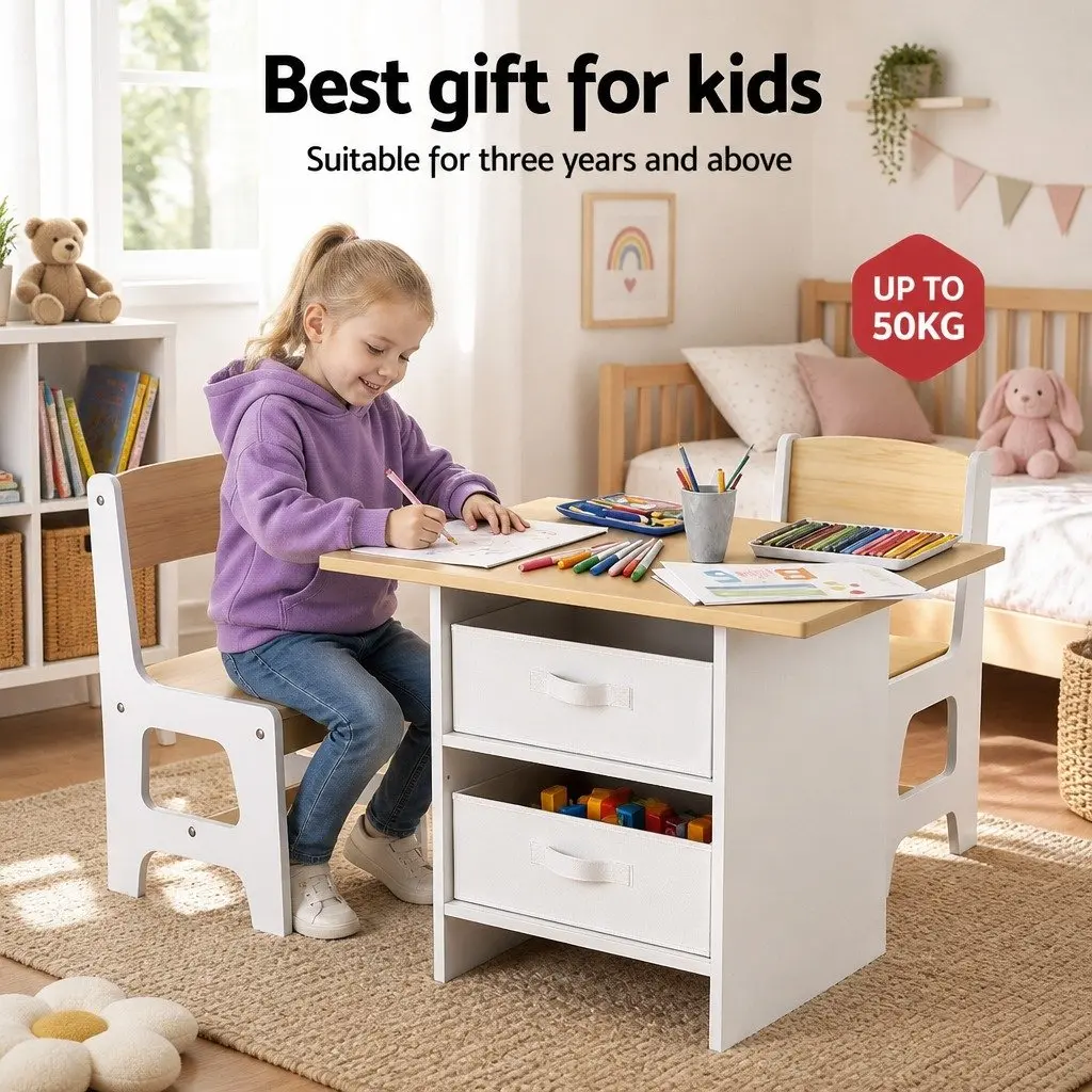 Kids Table and Chairs Set White Natural 3 Years and Above Sturdy Construction with Storage Drawers