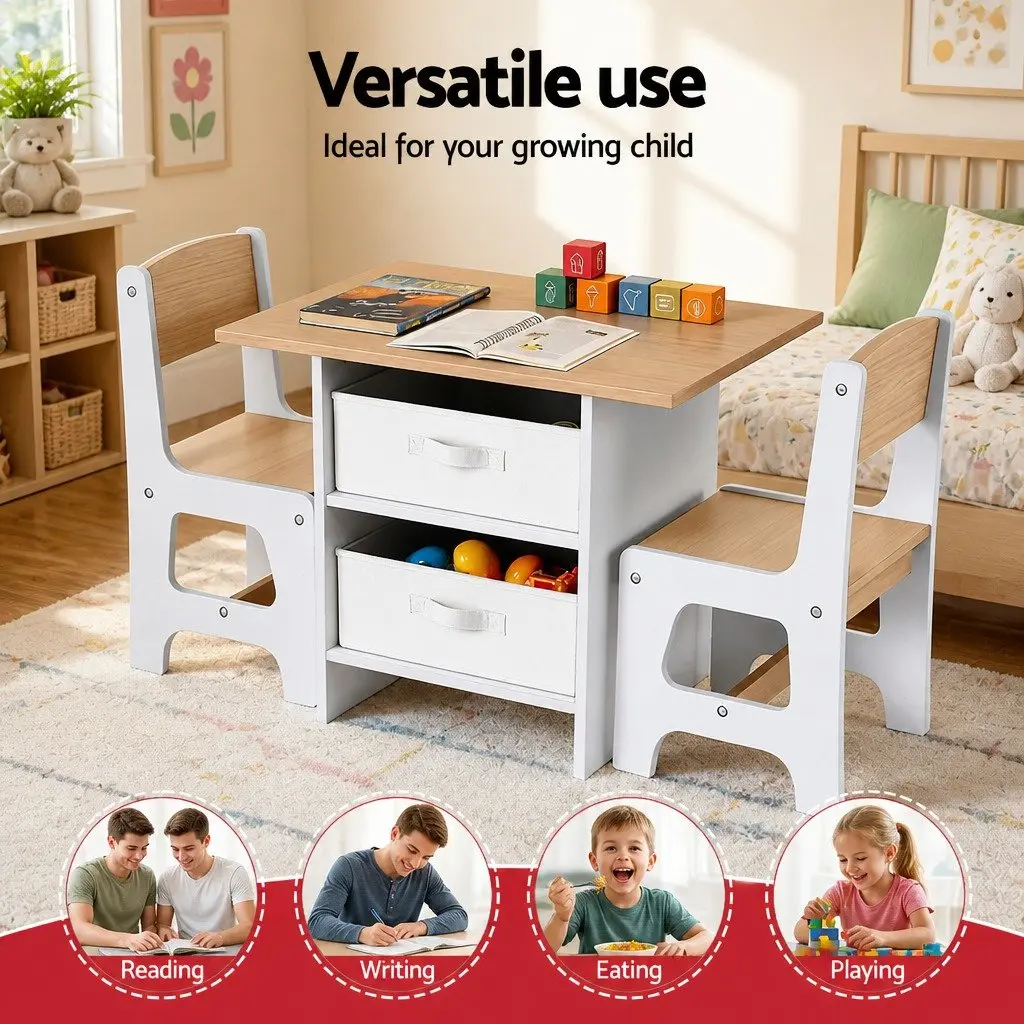 Kids Table and Chairs Set White Natural 3 Years and Above Sturdy Construction with Storage Drawers