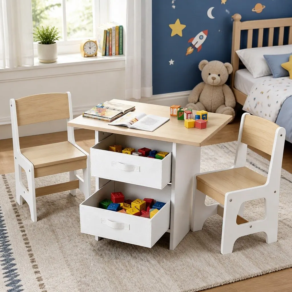 Kids Table and Chairs Set White Natural 3 Years and Above Sturdy Construction with Storage Drawers