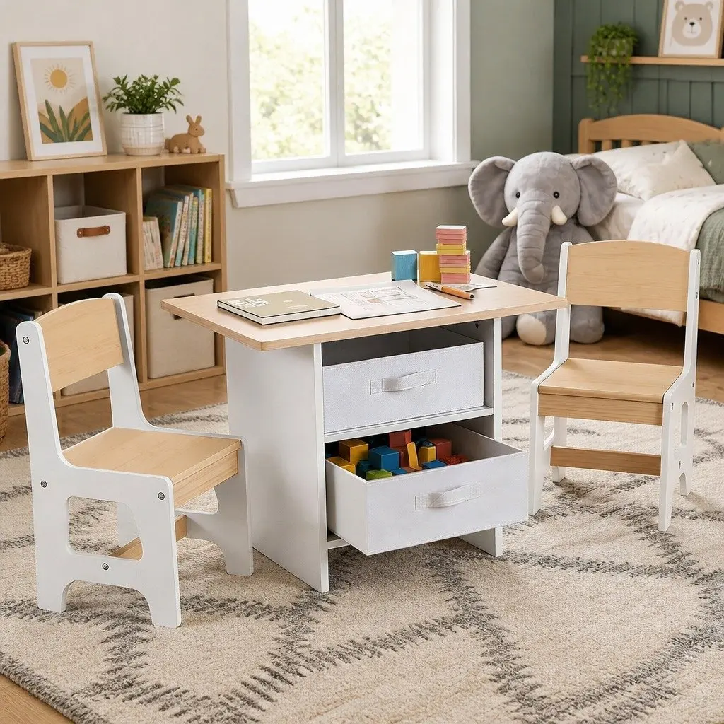 Kids Table and Chairs Set White Natural 3 Years and Above Sturdy Construction with Storage Drawers