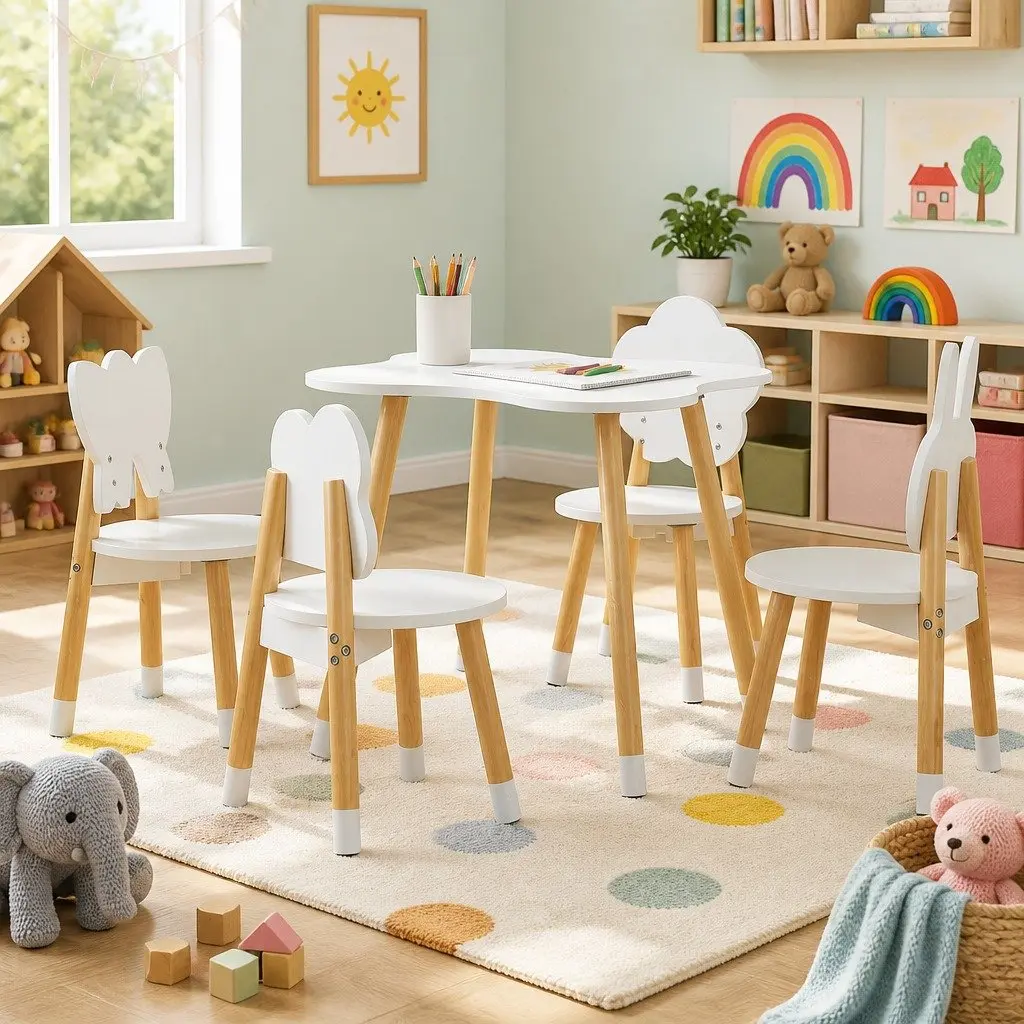 Kids Table and Chairs Set 5 Piece Children Activity Study Play Desk White