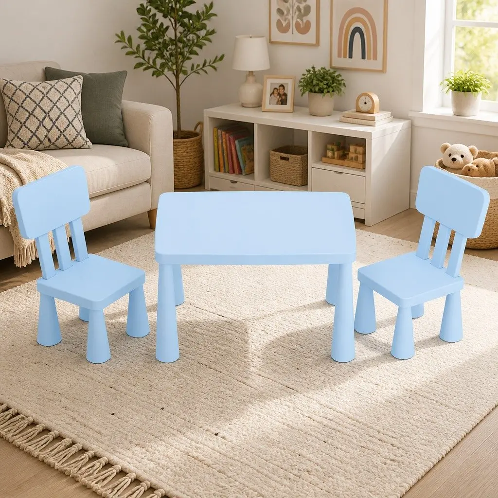 Kids Table and Chairs Set Blue Non-toxic PP Material Smooth Edges Sturdy Construction