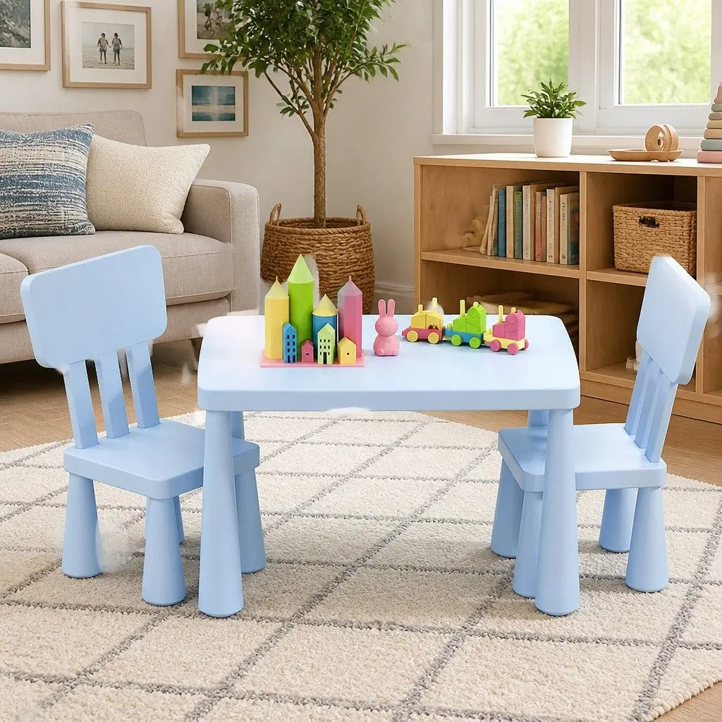 Kids Table and Chairs Set Blue Non-toxic PP Material Smooth Edges Sturdy Construction
