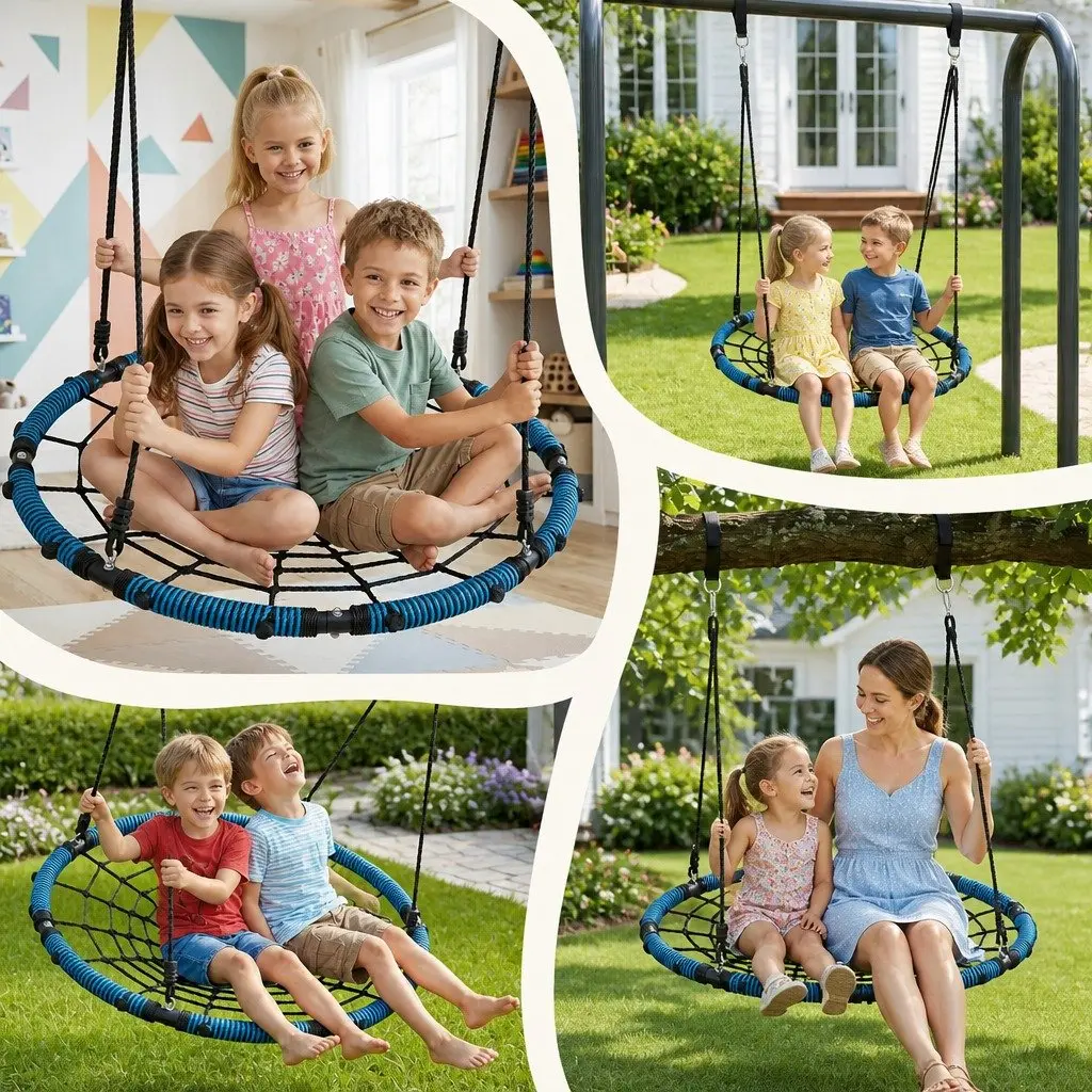 Hammock Tree Swing Blue 98.5cm Oval Platform Steel Frame with Foam Padding