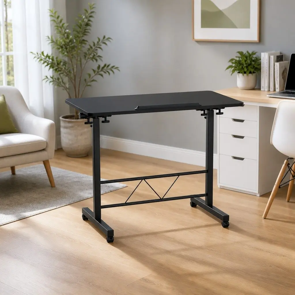 Mobile Laptop Desk Height Adjustable Tilting Wooden Tabletop Bed Side Table 80CM