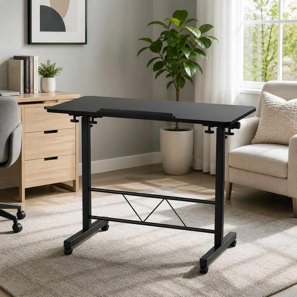 Mobile Laptop Desk Height Adjustable Tilting Wooden Tabletop Bed Side Table 80CM