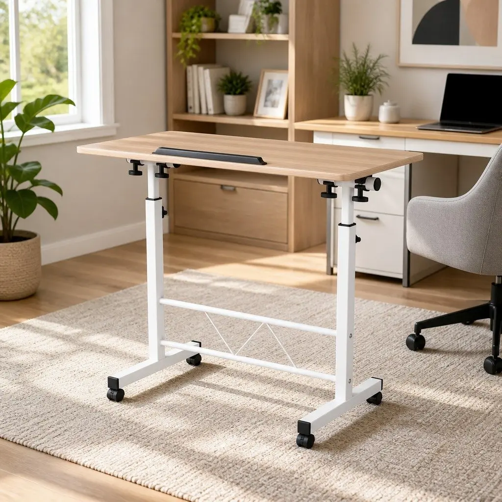 Mobile Laptop Desk Brown Light Wood 80CM Adjustable Height Tilting Portable