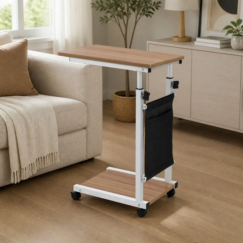 Mobile Laptop Desk Oak Height Adjustable C-shaped Metal Frame with Smooth Rolling Wheels